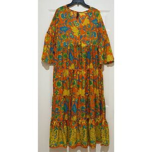 Vintage Me 2 Magic Women’s Medium Vibrant Orange Yellow Floral Maxi Dress Tie